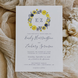 Invitation Monogramme Gris jaune Floral Mariage