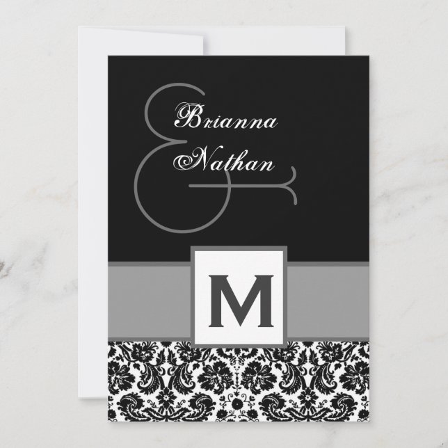Invitation Monogramme gris noir et argenté Modèle Damas (Devant)