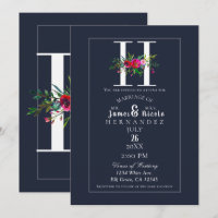 Monogramme H Dernière Initiale Moderne Fleurs Bleu