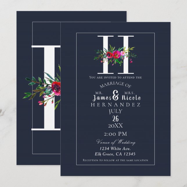 Invitation Monogramme H Initiale Moderne Fleur Bleue Mariage (Devant / Derrière)