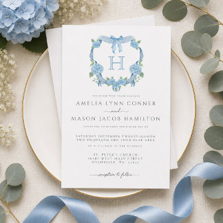 Invitation Monogramme Hydrangea Bleue Couronne Florale Mariag