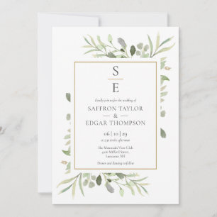 Invitation Monogramme Initiales Mariage de feuillage vert