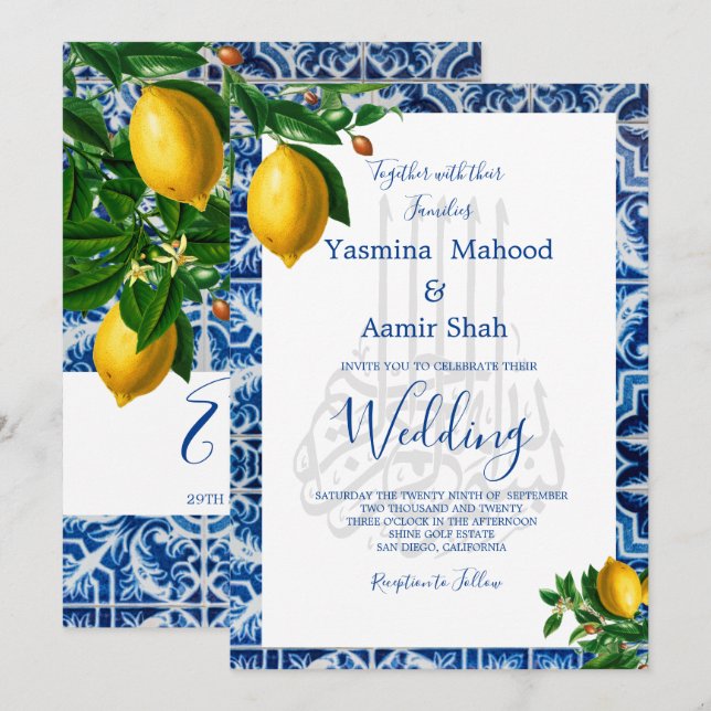 Invitation Monogramme islamique Bismillah Lemons Bleu Carreau (Devant / Derrière)
