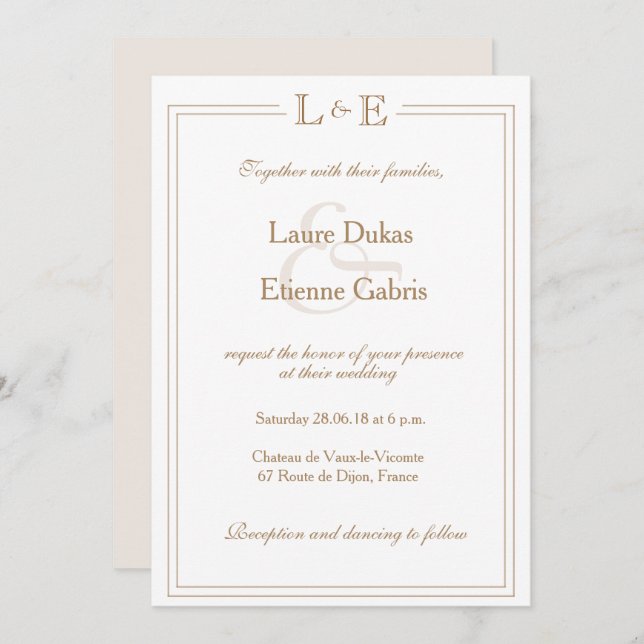Invitation Monogramme ivoire blanc or ampersan mariage modern (Devant / Derrière)