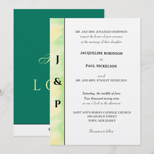 Invitation Monogramme Jaune Vert Tropical Minimaliste  (Devant / Derrière)