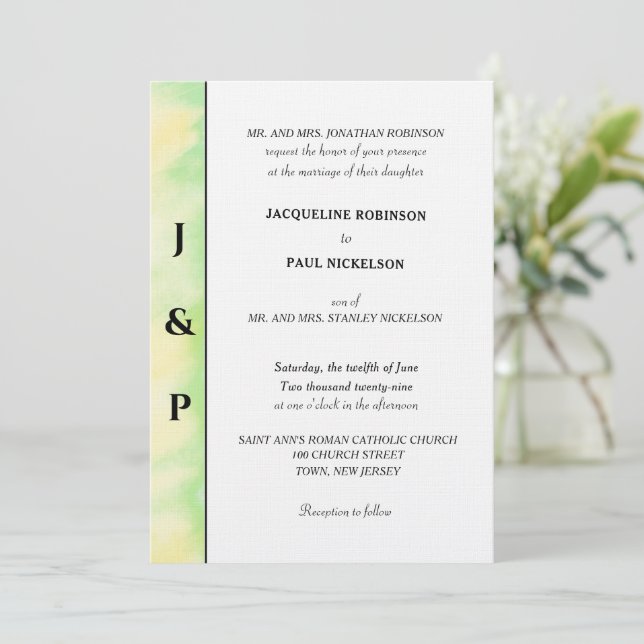 Invitation Monogramme Jaune Vert Tropical Minimaliste  (Debout devant)