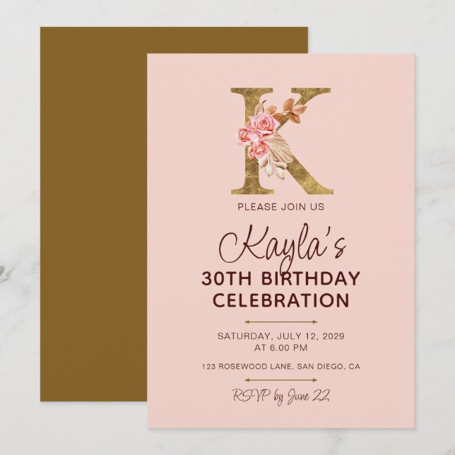 Invitation Monogramme K Or Lettre K Fleurs Roses Blush Rose (Devant / Derrière)