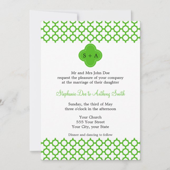 Invitation Monogramme Kelly Green Quatrefoil Motif Mariage (Devant)