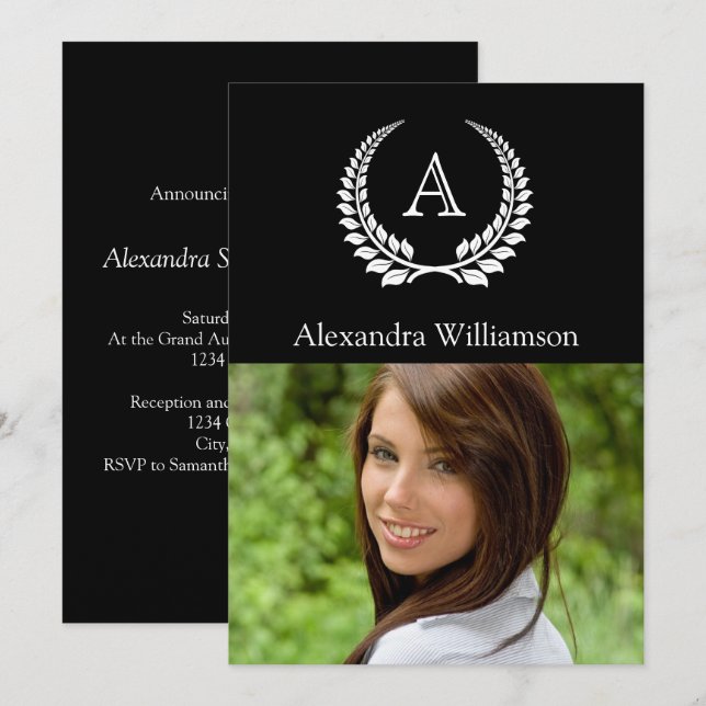 Invitation Monogramme Laurel Noir/Blanc (Devant / Derrière)
