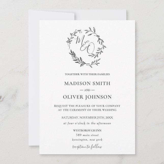 Invitation Monogramme Laurel Wreath Moderne Mariage (Devant)