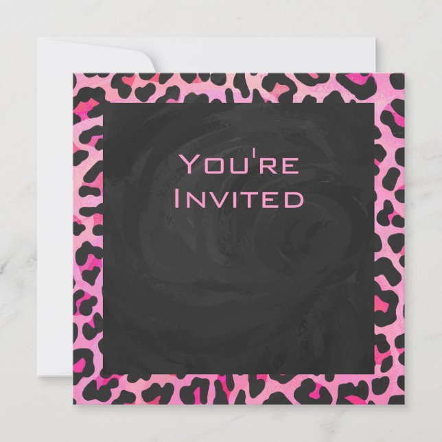 Invitation Monogramme Leopard noir et rose chaud (Devant)