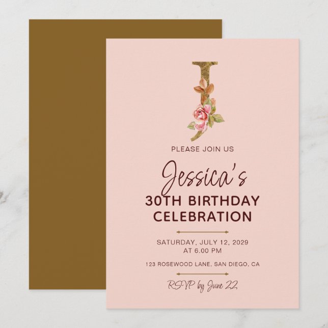 Invitation Monogramme Lettre J Or Roses Rose Pâle (Devant / Derrière)
