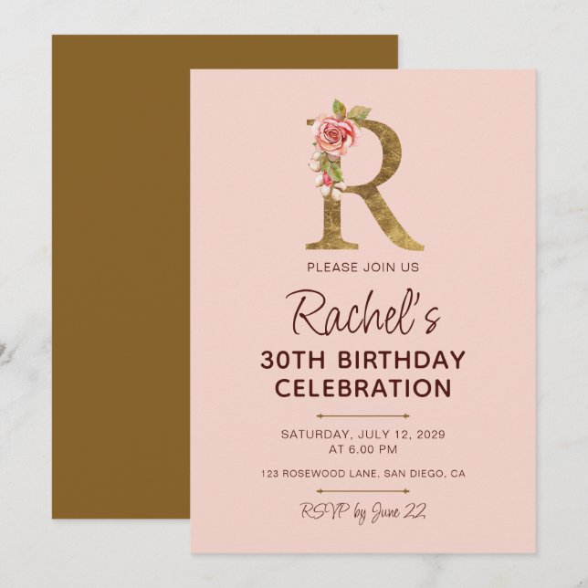 Invitation Monogramme Lettre R Or Roses Rose Pâle (Devant / Derrière)