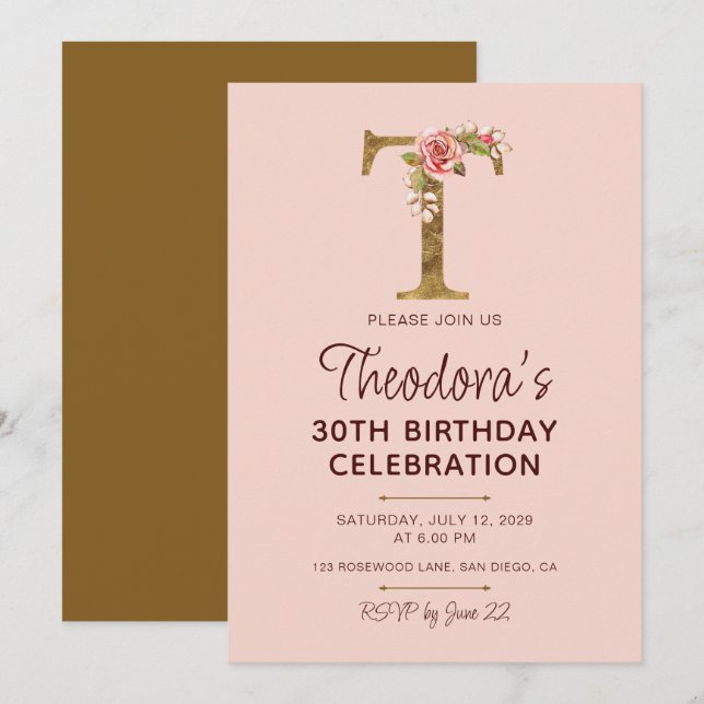 Invitation Monogramme Lettre T Or Roses Rose Pâle (Devant / Derrière)