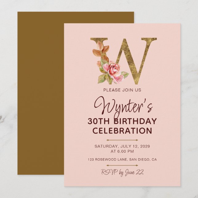 Invitation Monogramme lettre W or roses rose poudré (Devant / Derrière)