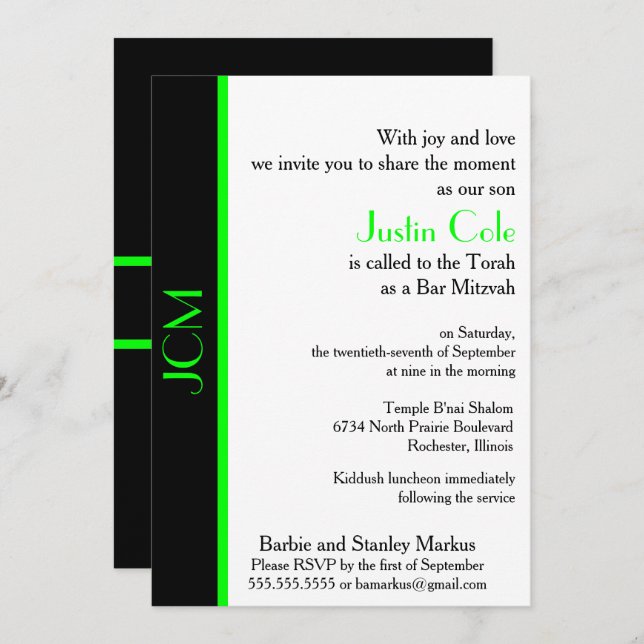 Invitation Monogramme Lime Green Black Bar Mitzvah (Devant / Derrière)