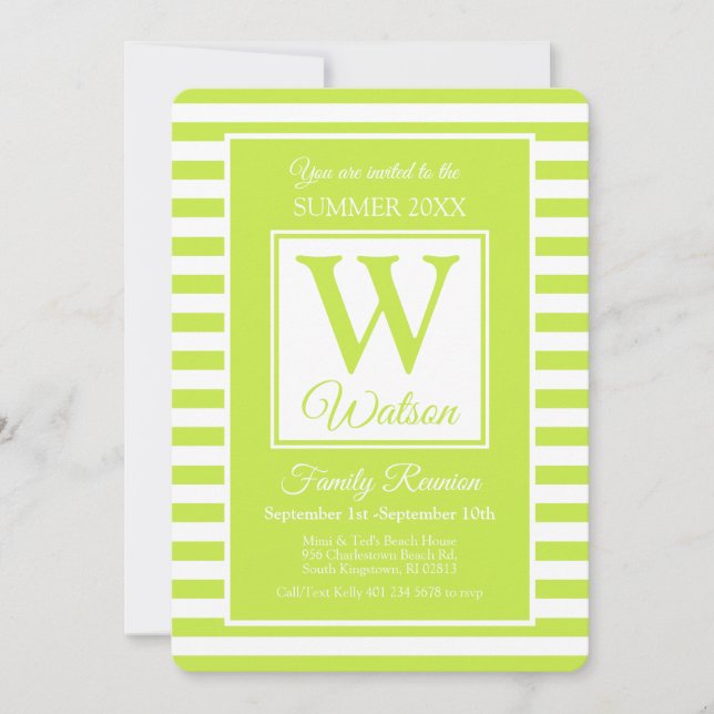 Invitation Monogramme Lime Green Stripes Summer Family Reunio (Devant)