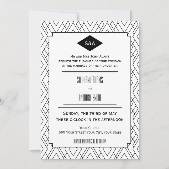 Invitation Monogramme Mariage Art déco noir et blanc (Devant)