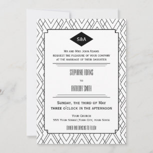Invitation Monogramme Mariage Art déco noir et blanc