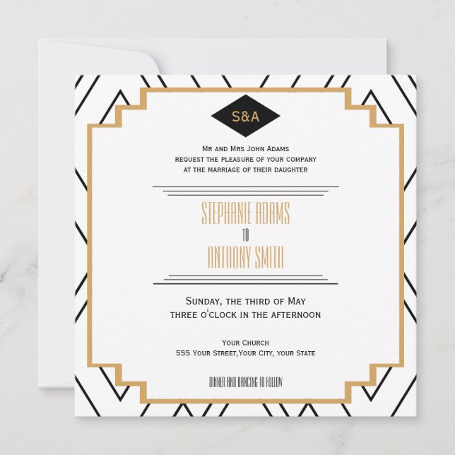 Invitation Monogramme Mariage Art déco noir, or et blanc (Devant)