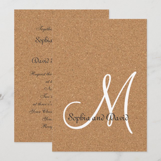 Invitation Monogramme Mariage de liège à vin rusti (Devant / Derrière)
