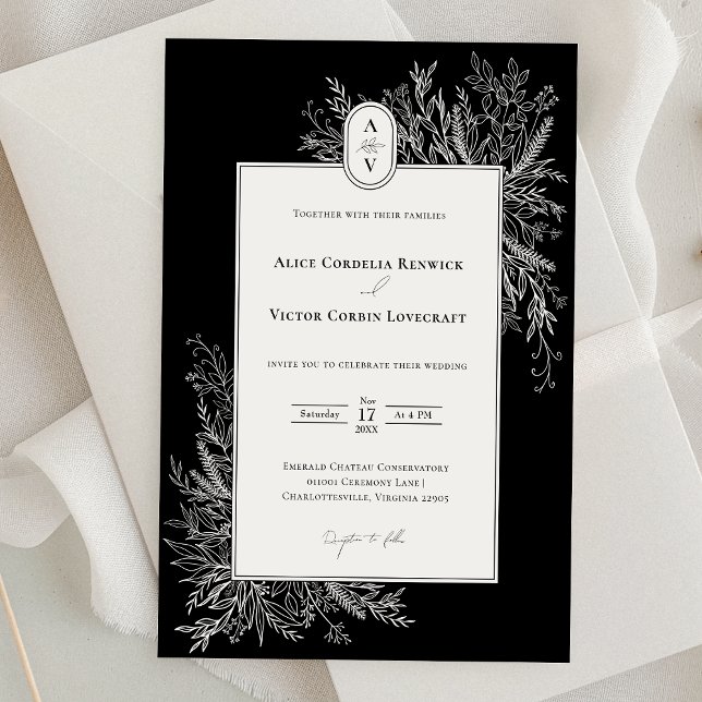 Invitation Monogramme Mariage de verdure noir et blanc (Créateur téléchargé)
