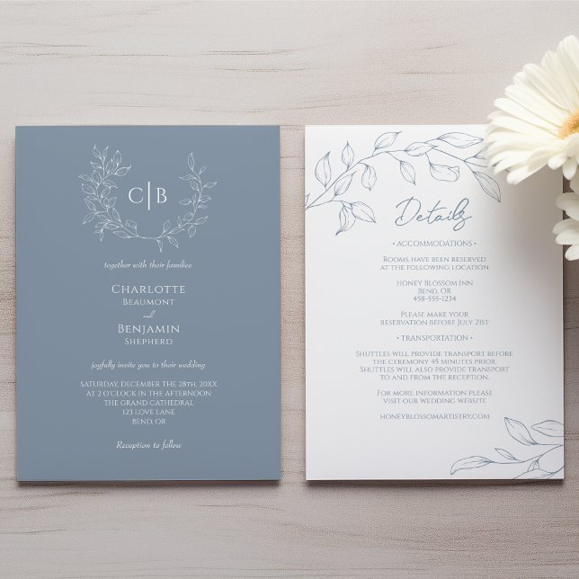 Invitation Monogramme Mariage Dusty Bleu Minimal Tout En Un (Créateur téléchargé)