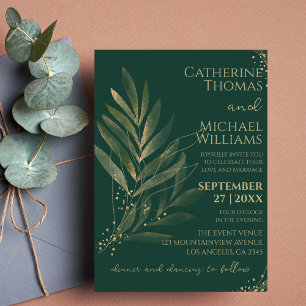 Invitation Monogramme Mariage Emerald Green Gold Leaf