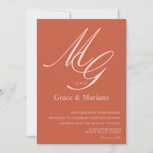 Invitation Monogramme Mariage en terre cuite rose (Devant)