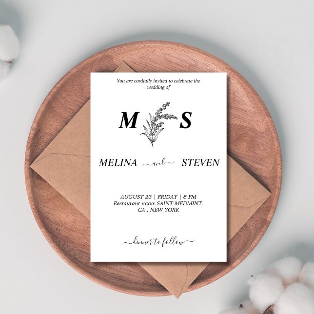 Invitation Monogramme mariage floral noir et blanc (Créateur téléchargé)
