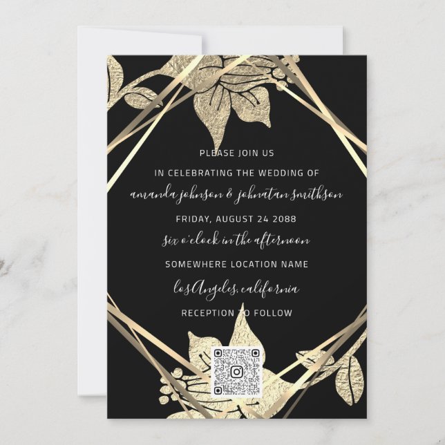 Invitation Monogramme mariage Florals Faux Gold Frame QR (Devant)