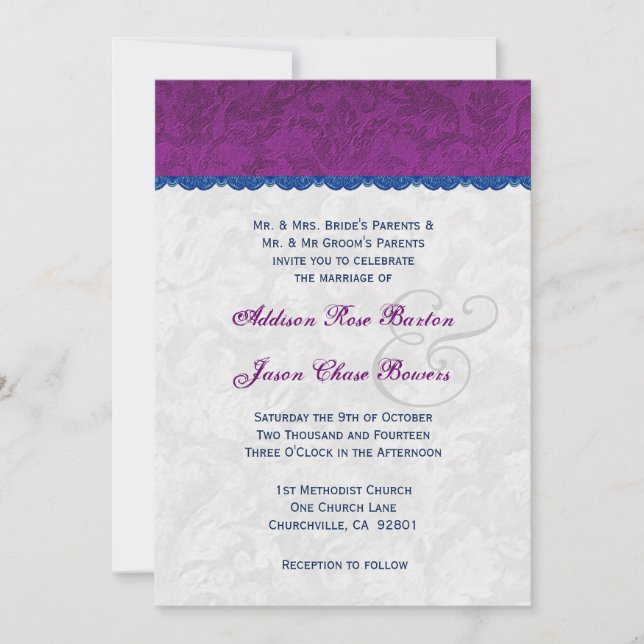 Invitation Monogramme Mariage mauve, bleu et argent V05 (Devant)