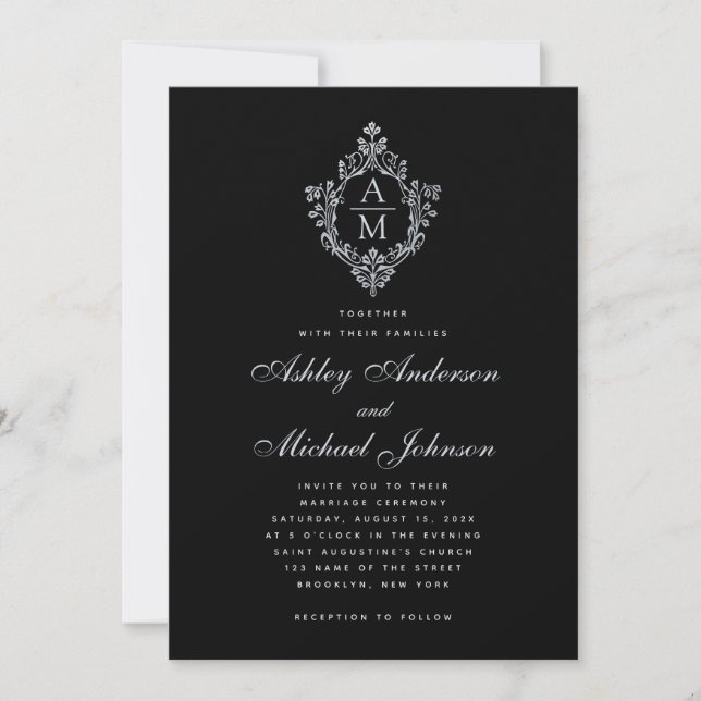 Invitation Monogramme mariage Noir Crest Calligraphie Vintage (Devant)