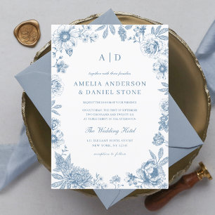 Invitation Monogramme Mariage victorien bleu Dusty