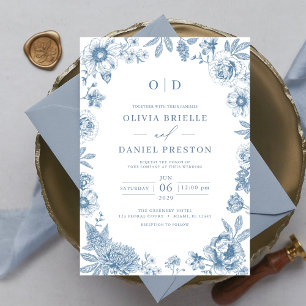 Invitation Monogramme Mariage victorien bleu Dusty