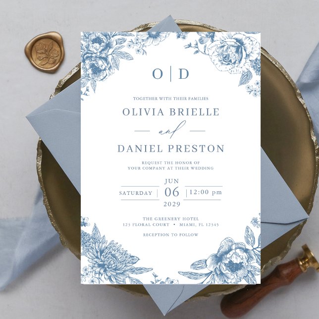 Invitation Monogramme Mariage victorien bleu Dusty (Créateur téléchargé)