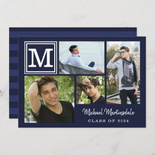 Invitation Monogramme Marine Bleue 4-Photo Graduation Party