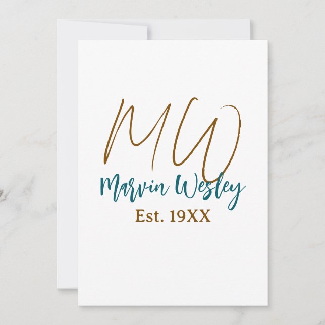 Invitation Monogramme marron bleu turquoise année simple mini (Devant)