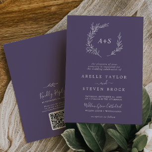 Invitation Monogramme mauve de prune feuille minimale Mariage