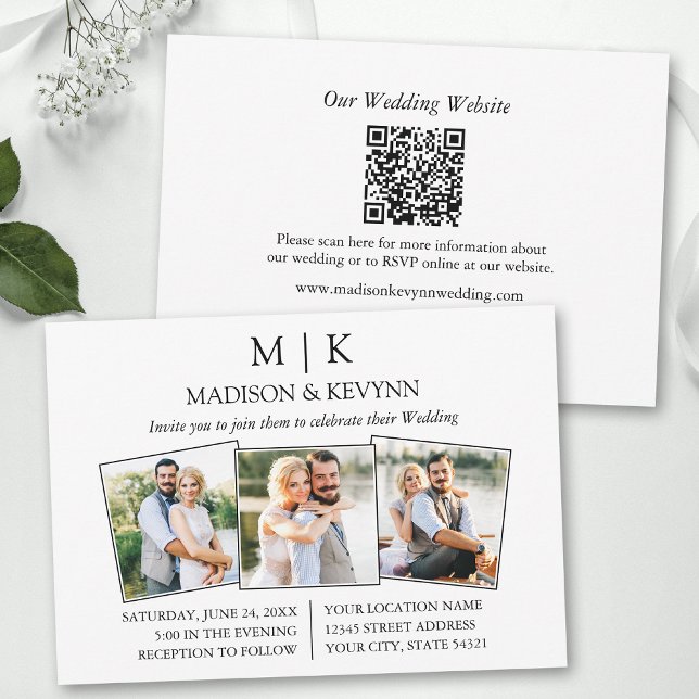 Invitation Monogramme minimal 3 photo Code QR Mariage (Add your wedding website or social media web address to the QR Scan Code.)