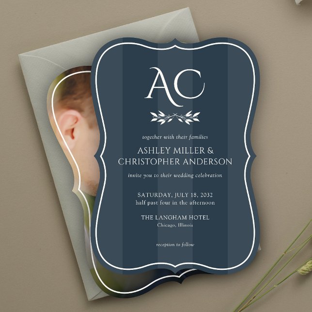 Invitation Monogramme minimal Indigo Mariage photo bleu rayé (Créateur téléchargé)