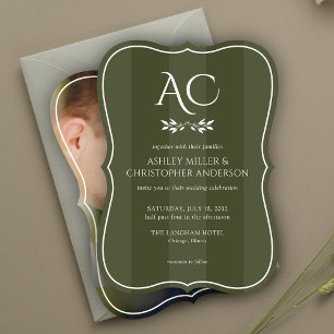 Invitation Monogramme minimal Mariage photo vert d'olive rayé