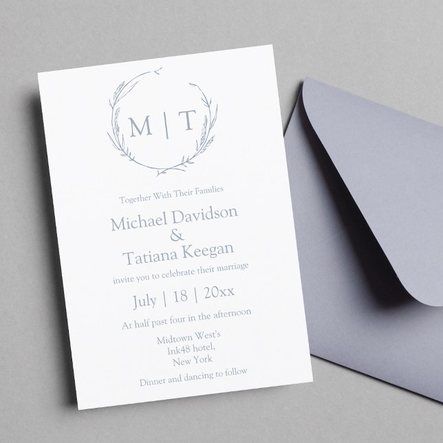 Invitation monogramme minimaliste classique mariage bleu (Créateur téléchargé)