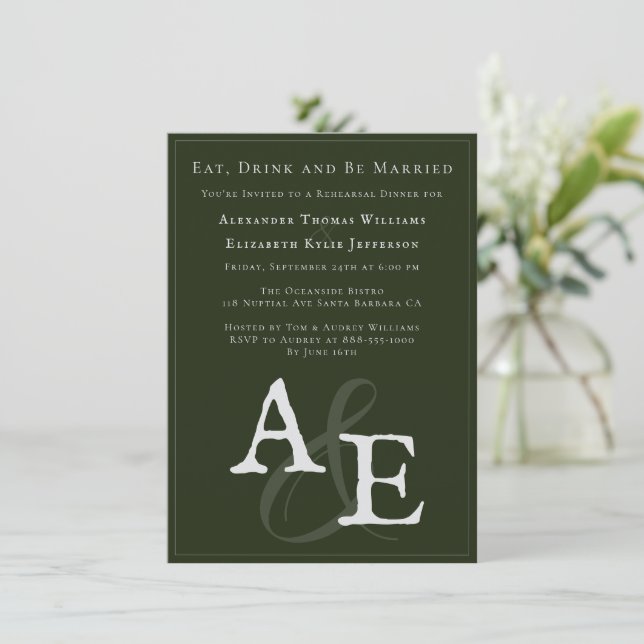 Invitation Monogramme minimaliste Emerald Green (Debout devant)