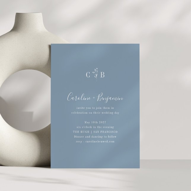 Invitation Monogramme minimaliste Floral Dusty Mariage bleu (Créateur téléchargé)