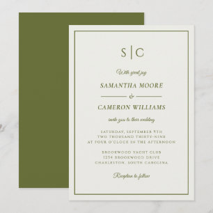 Invitation Monogramme minimaliste Mariage moderne vert olive