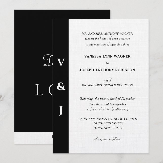 Invitation Monogramme minimaliste noir et blanc (Devant / Derrière)