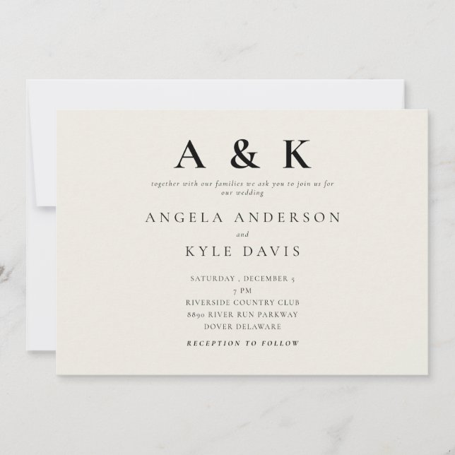 Invitation Monogramme moderne Beige Aucun parent Mariage hori (Devant)