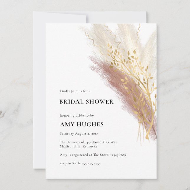 Invitation Monogramme moderne Boho rose or Pampas Gris (Devant)