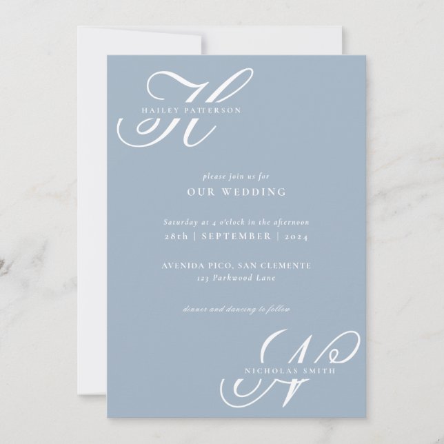 Invitation Monogramme moderne chic Dusty Mariage bleu (Devant)